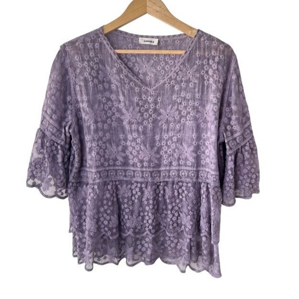 Adora Lavender Purple Eyelet Lace Peplum Blouse Boho Romantic Spring Floral Top